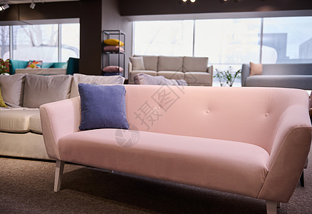 家具配饰软垫家具陈列室中带紫色垫子的时尚粉色沙发 有沙发和长沙发的家具店陈列出售 复制空间 家具店陈列室内部背景