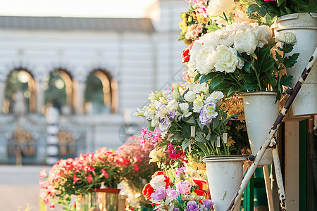 外门花市场 配有玫瑰 面纱和百合花 在具有历史意义的市中心新开的鲜花街店图片