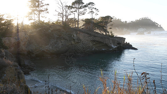 悬崖岩石 海边 洛沃斯角 加州海岸 日落时波浪图片