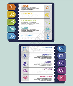 信息图表启动模板 不同颜色的图标 包括伙伴关系 精确度 职业 创造力等数据技术推介会战略圆圈数字商业标签合伙生长图片