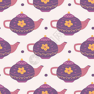 含有花朵的陶瓷茶壶 粉红色背景的矢量无缝模式图片