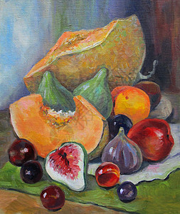 桃子 甜瓜 无花果和樱桃仍为活油画图片