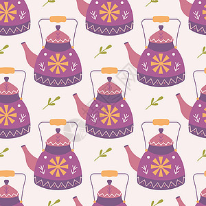 带有装饰品 植物 矢量无缝的粉红背景茶壶(茶壶)图片