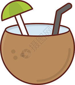 椰椰子海滩网络果汁插图牛奶水果橙子稻草白色热带背景图片