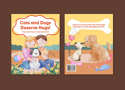 包含可爱狗和猫抱抱概念的封面书模板 水彩风格宠物拥抱女士广告成人活动女性营销训练小狗图片