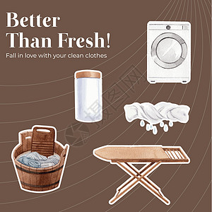 贴上洗衣日概念 水彩色风格的粘贴板模板家庭家务毛巾家政标识品牌房子洗涤剂洗衣衣服图片