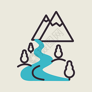 战狼标志山和河矢量图标 自然标志丘陵顶峰峡谷旅行插图旅游石头冒险娱乐标识插画