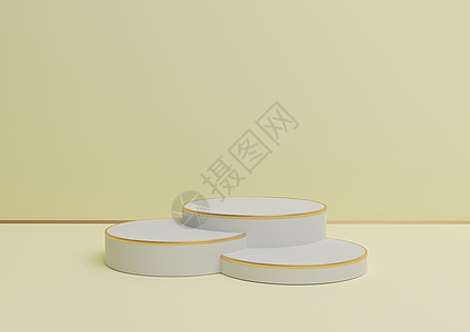 柔和的 浅色的 柑橘黄色的 3D 渲染简单的产品展示 带有三个讲台或带有金线的展台 用于豪华产品的最小背景组合图片