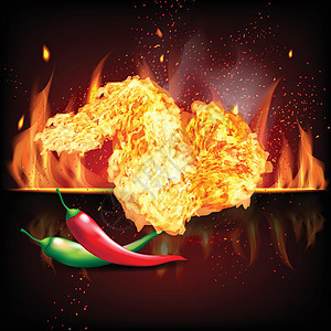 在红黑火上烤炸鸡部分 红色和绿色辣椒 3D现实矢量说明薯条插图翅膀餐厅胸部食物包装寒冷咖啡店烧烤图片