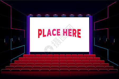 电影院厅大厅的图形矢量插图 无人参与 空座位可以将艺术放在屏幕上时间观众礼堂剧院推介会房间卡通片娱乐椅子电影图片