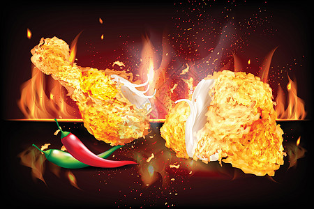 在红黑火上烤炸鸡部分 红色和绿色辣椒 3D现实矢量说明鸡腿咖啡店食谱插图食物翅膀油炸寒冷包装手指图片