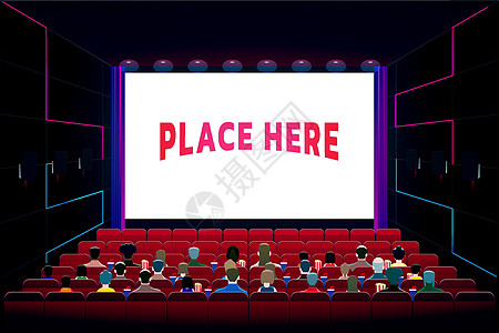 电影院厅的图像矢量插图 坐在椅子上的人多得多众人多观众人群座位展示时间电影场景娱乐房间屏幕图片