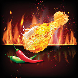 在红黑火上烤炸鸡部分 红色和绿色辣椒 3D现实矢量说明手指插图翅膀食谱包装咖啡店家禽寒冷鸡腿美食图片