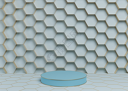 浅色 柔和 浅蓝色 3D 渲染产品展示台豪华金色蜂窝抽象背景与圆柱支架最小 自然豪华蜂蜜产品的简单模板图片