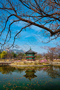 南朝鲜首尔庆博京贡宫香原江朝馆旅行花园旅游天空建筑学地标吸引力游客宝塔池塘图片