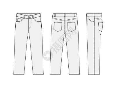 直筒牛仔裤裤子矢量模板插图|白色的图片