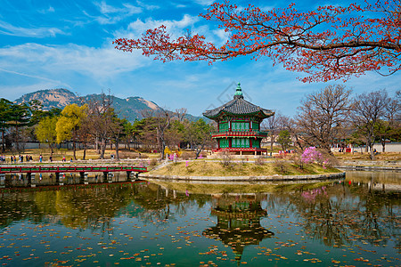 南朝鲜首尔庆博京贡宫香原江朝馆天空吸引力旅行旅游地标宝塔建筑学凉亭人工湖池塘图片