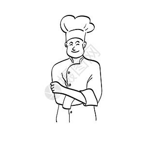男性厨师的肖像与折叠臂图解矢量手站在一起 画在白色背景线艺术上图片