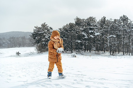 冬天公园或森林里的小男孩孩子们天气幸福孩子快乐童年家庭夹克公园男生图片