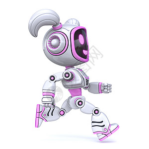 3D运行的可爱粉红女孩机器人吉祥物高科技跑步运动赛跑者插图姿势卡通片自动化尾巴图片