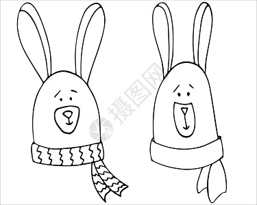 两只可爱的兔子面部涂鸦图示 手画婴儿矢量图片