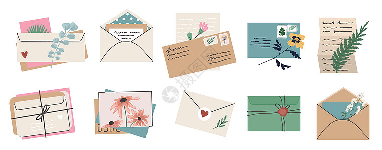 Doodle 信封 密封或开具的手写纸函 矢量信函邮戳和明信片文档卡通片笔记涂鸦卡片地址邮件电子邮件问候语标签图片