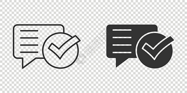 以平面样式说聊天标志图标 在孤立的白色背景上带有复选标记矢量插图的语音气泡 团队讨论按钮业务概念交换作品夹子圆圈气球论坛八卦讲话图片