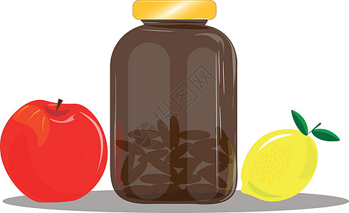 带有天然维生素和水果的罐子的插图 维生素对我们的健康很重要 多吃水果 摄取维生素 铁 维生素D B2 B6 B12 维生素C 钙图片
