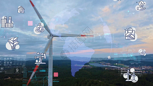 风力发电厂和技术 智能电网 再生能源 可持续资源力量鸟瞰图刀片涡轮机天空风车气候生态场地螺旋桨图片