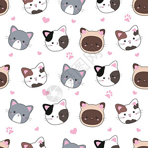 白色背景矢量插图中的猫和心的无缝模式卡通片纺织品国际猫咪小猫宠物动物横幅墙纸粉色图片