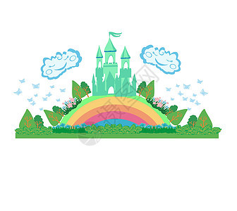 魔法仙子的故事公主城堡花园小说插图艺术品旗帜蝴蝶建筑童话彩虹寓言背景图片