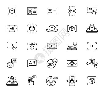 Ar图标增强现实轮廓矢量图标隔离在白色背景上 用于网页设计 移动应用程序 ui 设计和打印的 AR 和虚拟现实线图标集 未来科技经营理念插画
