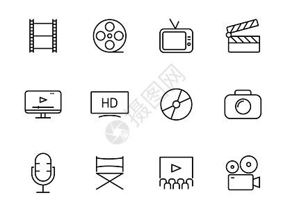 电影轮廓矢量图标隔离在白色 为 web 和 ui 设计 移动应用程序和印刷产品设置的电影和电影图标图片