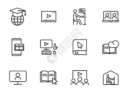 学习线矢量图标隔离在白色 用于网络和 UI 设计 移动应用程序 印刷和商业促销广告的电子学习图标图片