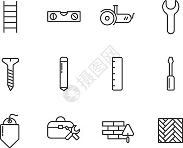 用于在白色背景上隔离的 web 移动和用户界面设计的构造轮廓矢量图标 用于建筑施工和家庭维修网络图标的工作工具图片