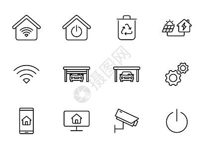 用于网络设计 移动应用程序 用户界面和打印的智能家用直线向量图标设置于 white图片