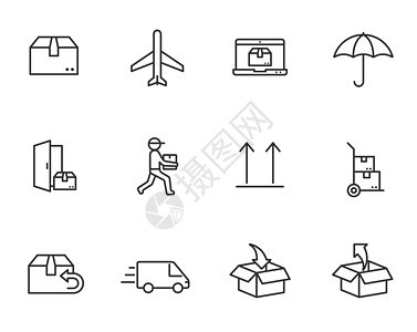 在白色背景上隔离的航运和交付轮廓矢量图标 用于网络 移动应用程序和 ui 设计的快递和全球物流线图标货物导游电脑用户船运速度大车图片