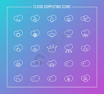 颜色渐变背景上的云计算轮廓矢量图标 用于网页设计和用户界面设计 移动应用程序和印刷产品的云计算图标集图片