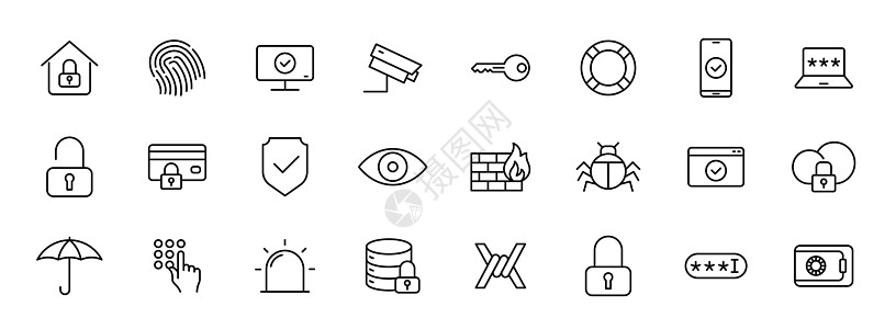在白色上隔离的安全大纲矢量图标 用于 web 和 ui 设计 移动应用程序和印刷产品的安全图标集眼睛挂锁技术用户界面插图房子蓝色图片