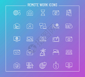 颜色渐变背景上的远程工作大纲矢量图标 用于网页设计和用户界面设计 移动应用程序和印刷产品的远程工作图标集图片