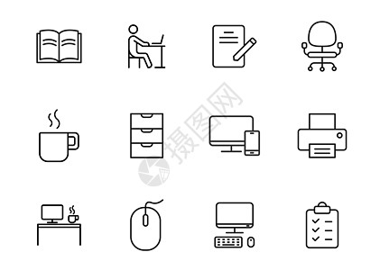工作区轮廓矢量图标隔离在白色 为 web 和 ui 设计 移动应用程序和印刷产品设置的工作区图标花盆办公室蓝色笔记本杯子文件夹椅图片