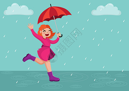 一个穿着粉红色裙子和靴子的可爱小女孩 带着一只大红伞 在雨中走来走去图片