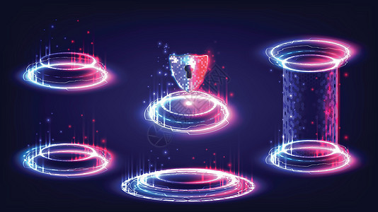 红色和蓝色发光 HUD 的科幻高科技舞台系列 科学未来主义的全息图门户旋流光 奇幻游戏中的魔法传送门 圆形传送讲台 胶囊全息图背景图片