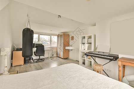 现代房子里的一间小卧室毯子职场装饰压板椅子财产窗帘枕头风格家具图片