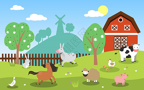 牛 马 猪 绵羊 鸡 带谷仓和风车的兔子等农场动物的矢量说明图片