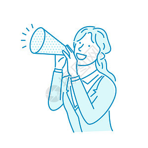 一位年轻商业女青年用扩音器大声呼声的矢量插图广告公告活动家工人说话演讲广播示范女士女性图片