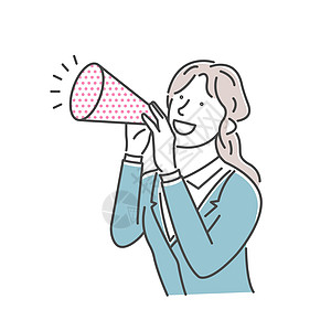 一位年轻商业女青年用扩音器大声呼声的矢量插图讲话喇叭女性快乐演讲示范广告女士罢工广播图片