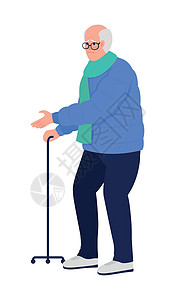 有三脚手走棍的可悲老人半平板彩色向量字符男性动画片难民甘蔗老年拐杖男人香椿病人退休图片