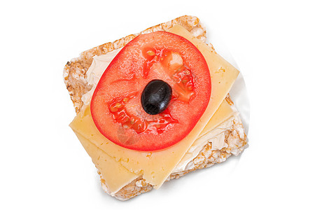 配有番茄 奶酪和橄榄的稻米饼干三明治     孤立无援饼干饮食奶油蛋糕年糕早餐健康饮食食物白色薄脆图片