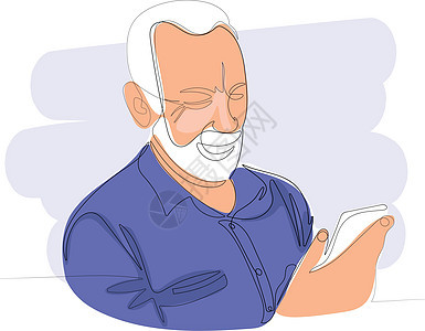使用智能电话笑着笑着笑着的长胡子老人电脑男性眼镜短信细胞互联网退休药片讯息商业图片